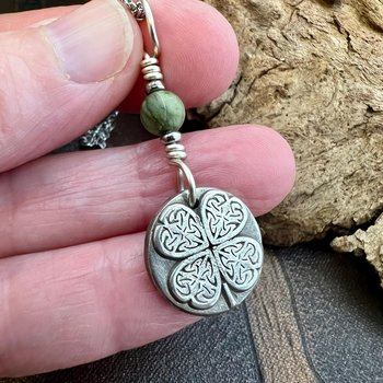 Four Leaf Clover, Sterling Silver, Wax Seal Charm, Connemara Marble, Irish Celtic Jewelry, Pagan Celtic Witch, 4 Leaf, Luck of the Irish