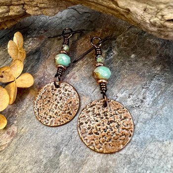 Copper Disc Earrings, Czech Glass Beads, Hypoallergenic Ear Wires, Earthy Tribal, Boho Chic Style, Dangle Discs, Soul Harbor Jewelry