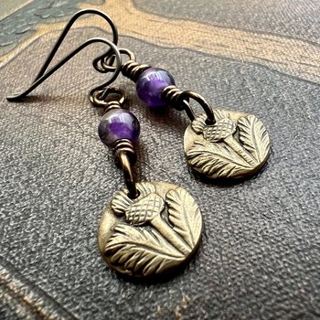Scottish Thistle Earrings, Outlander Jewelry, Bronze Anniversary, Gifts for Her, Scotland Gifts, Amethyst Beaded Earrings