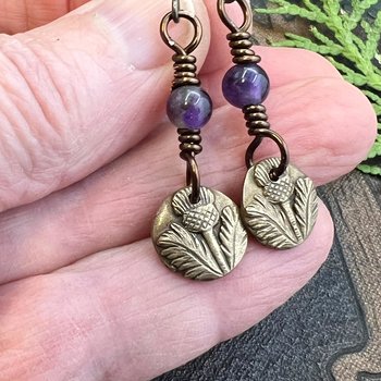 Scottish Thistle Earrings, Outlander Jewelry, Bronze Anniversary, Gifts for Her, Scotland Gifts, Amethyst Beaded Earrings