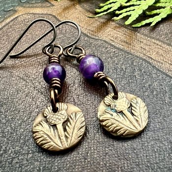 Scottish Thistle Earrings, Outlander Jewelry, Bronze Anniversary, Gifts for Her, Scotland Gifts, Amethyst Beaded Earrings