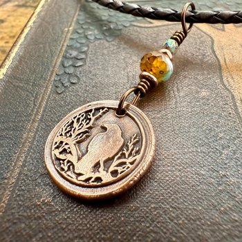 Copper Raven, Wax Seal Charm, Irish Celtic, Czech Glass, Leather & Vegan Cords, Crow Corvid, Handmade Art Jewelry, Celtic Witch, Messengers