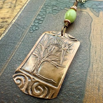 Copper Tree Sun Pendant, Connemara Marble Bead, Irish Celtic Spirals, Leather & Vegan Cords, Druid Pagan, Celtic Green Witch, Handmade Art