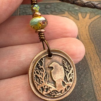 Copper Raven, Wax Seal Charm, Irish Celtic, Czech Glass, Leather & Vegan Cords, Crow Corvid, Handmade Art Jewelry, Celtic Witch, Messengers