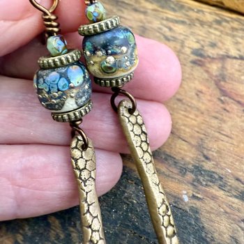 Bronze Dagger Earrings, Lampwork Raku Beads, Coral Textures, Hypoallergenic Ear Wires, Rustic Earthy, Art Jewelry, Long Skinny Earrings