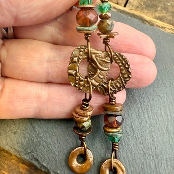 Long Dangle Copper Earrings, Stacked Cairns, Copper Washers, Czech Glass Beads, Hypoallergenic Ear Wires, Earthy, Arty Mismatched Earrings
