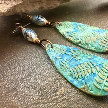 Bronze Fern Earrings, Verdigris Patina, Teardrop Dangle, Czech Glass Beads, Boho Hippie Style, Shield Earrings, Earth Witch, Art Earthy
