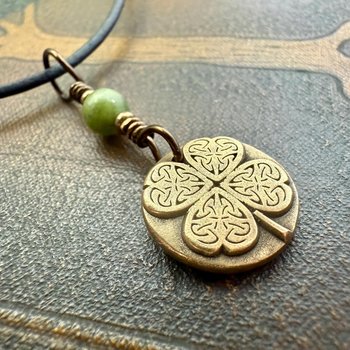 Four Leaf Clover Heart, Bronze Wax Seal Charm, Connemara Marble, Irish Celtic Jewelry, 4 Leaf Clover, Lucky Love Charm, Leather & Vegan Cord