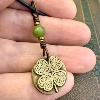Four Leaf Clover Heart, Bronze Wax Seal Charm, Connemara Marble, Irish Celtic Jewelry, 4 Leaf Clover, Lucky Love Charm, Leather & Vegan Cord