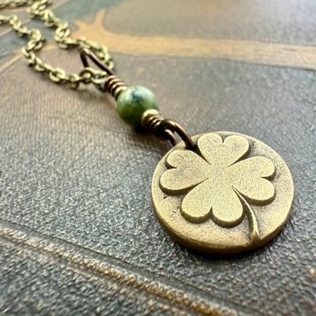 Four Leaf Clover, Bronze Necklace, Wax Seal Charm, Connemara Marble, Irish Celtic Jewelry, Lucky Charm, Celtic Witch, Irish Shamrock Luck