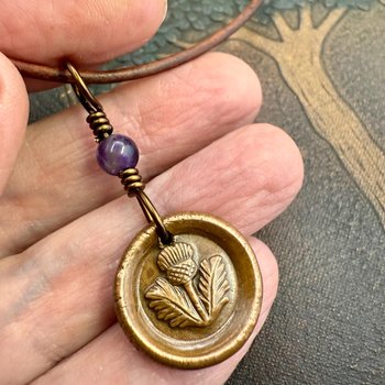 Thistle of Scotland, Copper Wax Seal Charm, Purple Amethyst, Leather & Vegan Cord, Highlander, Outlander, Scottish Gifts, Botanical Jewelry