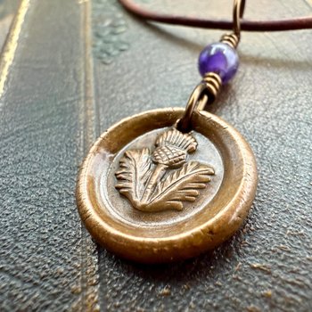 Thistle of Scotland, Copper Wax Seal Charm, Purple Amethyst, Leather & Vegan Cord, Highlander, Outlander, Scottish Gifts, Botanical Jewelry