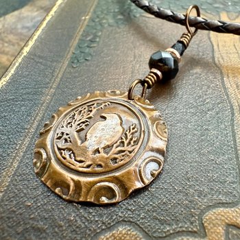 Copper Raven, Wax Seal Charm, Irish Celtic, Czech Glass, Leather & Vegan Cords, Crow Corvid, Handmade Art Jewelry, Celtic Witch, Messengers