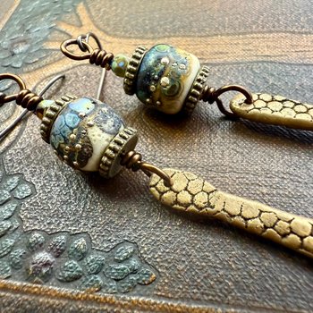 Bronze Dagger Earrings, Lampwork Raku Beads, Coral Textures, Hypoallergenic Ear Wires, Rustic Earthy, Art Jewelry, Long Skinny Earrings