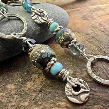 Hoop Sterling Silver Earrings, Raku Lampwork Beads, Hypoallergenic Ear Wires, Long Statement Earrings, Earthy Rustic, Mismatched Earrings