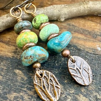 Copper Tree Branch Drop Earrings, Stacked Turquoise Beads, Cairn Stones, Summer Boho Style, Light Everyday, Hypoallergenic Ear Wires, Witchy