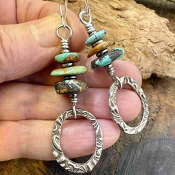 Sterling Silver & Turquoise, Drop Hoop Earrings, Summer Boho Style, Earthy Rustic Jewelry, Stacked Cairn Beads, Everyday, Handmade Art Style
