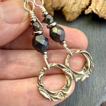 Sterling Silver Drop Hoop Earrings, Light Everyday Boho, Black Grey Czech Glass Beads,  Earthy Rustic Art Jewelry, Soul Harbor Jewelry