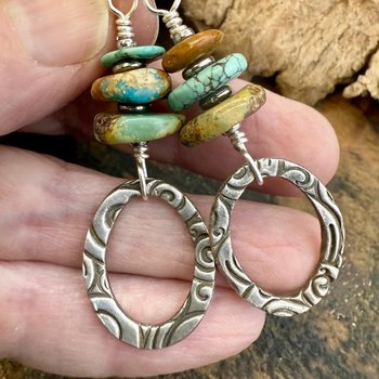 Sterling Silver & Turquoise, Drop Hoop Earrings, Summer Boho Style, Earthy Rustic Jewelry, Stacked Cairn Beads, Everyday, Handmade Art Style