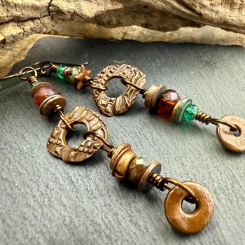 Long Dangle Copper Earrings, Stacked Cairns, Copper Washers, Czech Glass Beads, Hypoallergenic Ear Wires, Earthy, Arty Mismatched Earrings