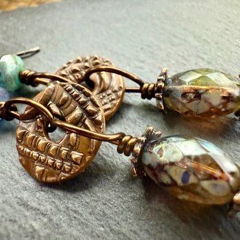 Copper Dangle Drop Earrings, Long Statement Earrings, Czech Glass Beads, Copper and Blue, Hypoallergenic Niobium Ear Wires, Earthy Primitive