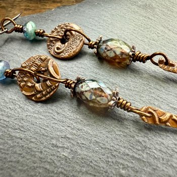 Copper Dangle Drop Earrings, Long Statement Earrings, Czech Glass Beads, Copper and Blue, Hypoallergenic Niobium Ear Wires, Earthy Primitive