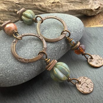 Copper Hoop Dangles, Long Earthy Earrings, Stacked Spacers, Czech Glass Beads, Hypoallergenic Ear Wires, Arty Mismatched Earrings, Handmade