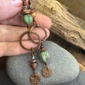 Copper Hoop Dangles, Long Earthy Earrings, Stacked Spacers, Czech Glass Beads, Hypoallergenic Ear Wires, Arty Mismatched Earrings, Handmade