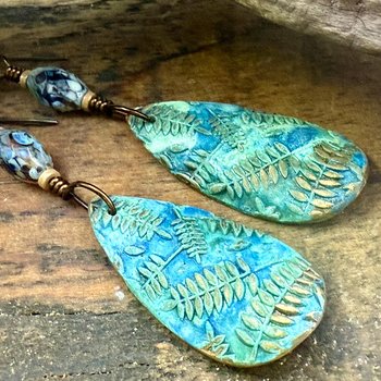 Bronze Fern Earrings, Verdigris Patina, Teardrop Dangle, Czech Glass Beads, Boho Hippie Style, Shield Earrings, Earth Witch, Art Earthy