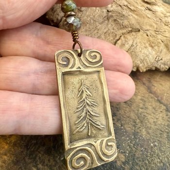 Pine Tree, Bronze Pendant, Celtic Spirals, Czech Glass Beads, Evergreen Trees, Earthy Rustic Art Jewelry, Hand Carved, Tree of Life, Pagan