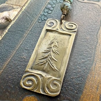 Pine Tree, Bronze Pendant, Celtic Spirals, Czech Glass Beads, Evergreen Trees, Earthy Rustic Art Jewelry, Hand Carved, Tree of Life, Pagan