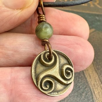 Triskele Bronze Charm, Wax Seal Charm, Connemara Marble Bead, Irish Celtic, 8 Anniversary, Celtic Witch, Triskelion Triple Spiral, Pagan