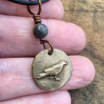 Raven Bronze Pendant, Wax Seal Charm, Kilkenny Black Bead, Crow Corvid, Tree Branches, Pagan Samhain, Celtic Witch Jewelry, Earthy Rustic
