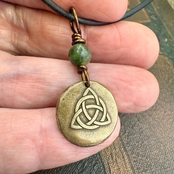 Bronze Trinity Knot, Triquetra, Wax Seal Charm, Connemara Marble, Irish Celtic Jewelry, Pagan, 8th Anniversary, Triple Goddess, Celtic Witch