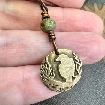 Raven Bronze Pendant, Wax Seal Charm, Czech Glass Bead, Crow Corvid, Tree Branches, Pagan Samhain, Celtic Witch Jewelry, Earthy Rustic Wicca