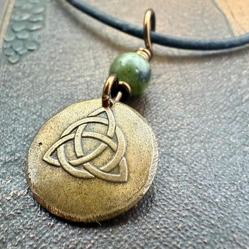 Bronze Trinity Knot, Triquetra, Wax Seal Charm, Connemara Marble, Irish Celtic Jewelry, Pagan, 8th Anniversary, Triple Goddess, Celtic Witch