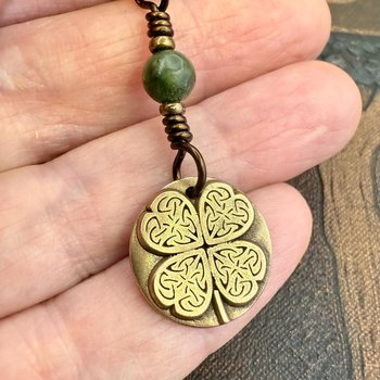 Four Leaf Clover, Bronze Necklace, Wax Seal Charm, Connemara Marble, Irish Celtic Jewelry, Lucky Charm, Celtic Witch, Irish Shamrock Luck