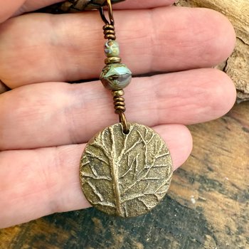 Tree of Life Charm, Bronze Necklace, Tree Branches, Czech Glass Beads, Domed Pendant, Hand Carved, Celtic Witch, Pagan Druid, Earth Lover