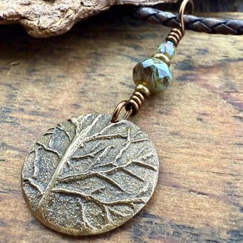 Tree of Life Charm, Bronze Necklace, Tree Branches, Czech Glass Beads, Domed Pendant, Hand Carved, Celtic Witch, Pagan Druid, Earth Lover