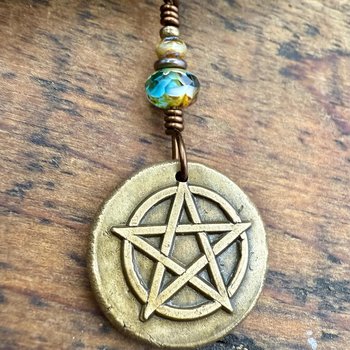 Pentagram Bronze Charm, Pentacle Pendant, Czech Glass Beads, Leather & Vegan Cords, Pagan Wicca, 5 Elements Star, Handmade, Witchy Things