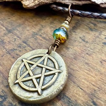 Pentagram Bronze Charm, Pentacle Pendant, Czech Glass Beads, Leather & Vegan Cords, Pagan Wicca, 5 Elements Star, Handmade, Witchy Things