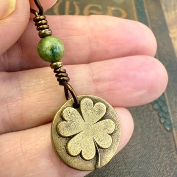 Four Leaf Clover, Bronze Necklace, Wax Seal Charm, Connemara Marble, Irish Celtic Jewelry, Lucky Charm, Celtic Witch, Irish Shamrock Luck