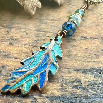 Copper Oak Leaf Pendant, Colorful Patina, Czech Glass Beads, Green Witch, Earthy Rustic, Celtic Tree Astrology, Sacred Oak Tree, Aqua Blue