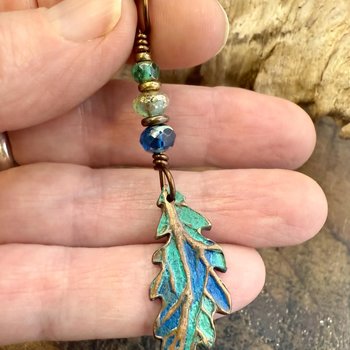Copper Oak Leaf Pendant, Colorful Patina, Czech Glass Beads, Green Witch, Earthy Rustic, Celtic Tree Astrology, Sacred Oak Tree, Aqua Blue