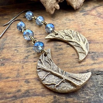 Crescent Moon Bronze Earrings, Midnight Blue Crystal Beads, Celtic Moon Goddess, Long Beaded Moon Earrings, Hypoallergenic, Pagan Wicca Art