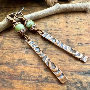 Copper Dangle Stick Earrings, Connemara Marble Bead, Long Skinny, Hypoallergenic Ear Wires, Earthy Rustic