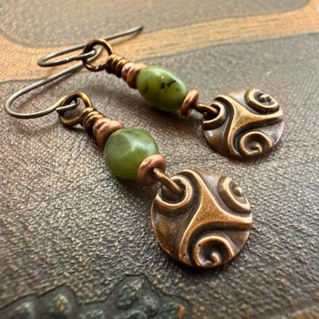 Triskele Copper Earrings, Triple Spirals, Triskelion, Connemara Marble, Irish Celtic Jewelry, Copper Disc Earrings, Hypoallergenic Earrings