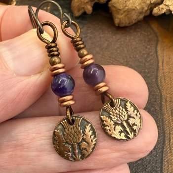 Scottish Thistle Earrings, Outlander Gifts, Copper Anniversary, Thistle of Scotland, Amethyst, Wax Seal Charm, Highlander, Disc Earrings