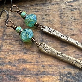 Bronze Dangle Drop Earrings, Coral Fossil Texture, Czech Glass Beads, Bronze Aqua Blue, Hypoallergenic Niobium Ear Wires, Earthy Primitive