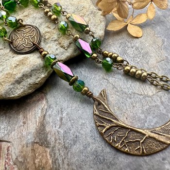 Crescent Moon & Celtic Knot, Bronze Rosary Style Necklace, Tree Branches, Magical Moon, Green Iridescent Crystals, Witchy Pagan Art Jewelry